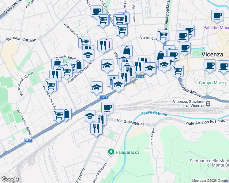 map of restaurants, bars, coffee shops, grocery stores, and more near 22 Viale Verona in Vicenza