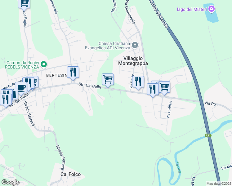 map of restaurants, bars, coffee shops, grocery stores, and more near 93 Via Po in Provincia di Vicenza