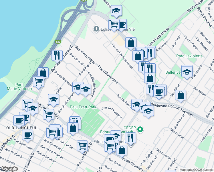 map of restaurants, bars, coffee shops, grocery stores, and more near 475 Rue de Picardie in Longueuil
