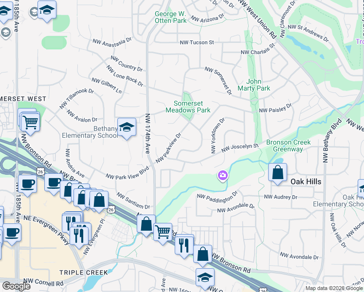 map of restaurants, bars, coffee shops, grocery stores, and more near 3161 Northwest Ashland Drive in Beaverton