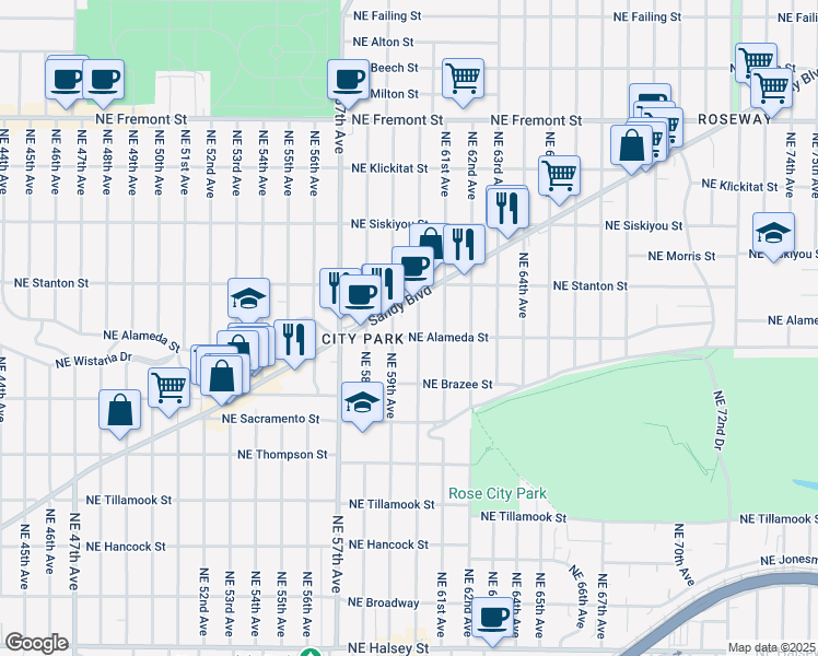 map of restaurants, bars, coffee shops, grocery stores, and more near 5927 Northeast Alameda Street in Portland