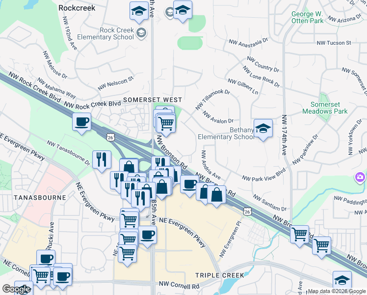 map of restaurants, bars, coffee shops, grocery stores, and more near 18205 Northwest Bronson Road in Portland
