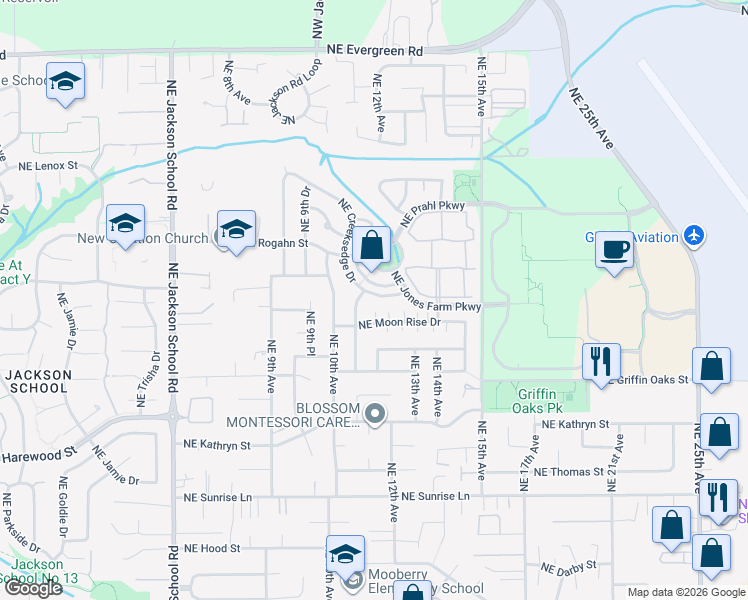 map of restaurants, bars, coffee shops, grocery stores, and more near 1176 Northeast Creeksedge Drive in Hillsboro