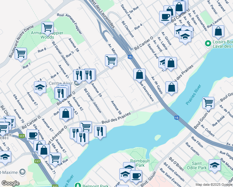 map of restaurants, bars, coffee shops, grocery stores, and more near 531 Boulevard des Prairies in Laval