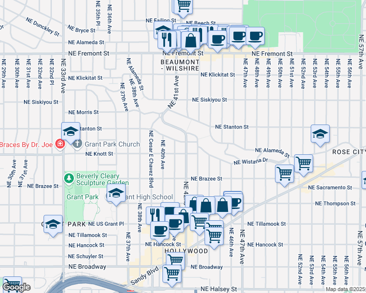 map of restaurants, bars, coffee shops, grocery stores, and more near 4105 Northeast Stanton Street in Portland