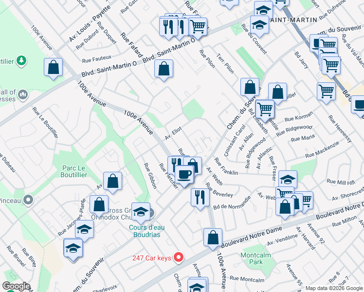 map of restaurants, bars, coffee shops, grocery stores, and more near 1325 Rue Ethier in Laval