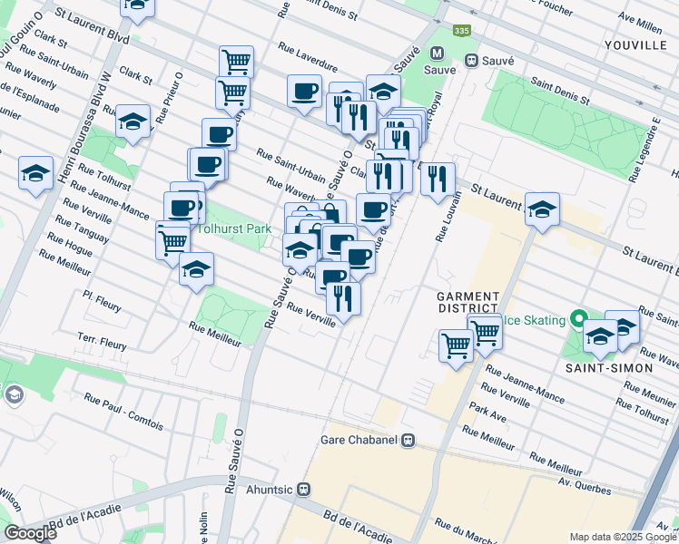 map of restaurants, bars, coffee shops, grocery stores, and more near 9790 Rue Meunier in Montréal