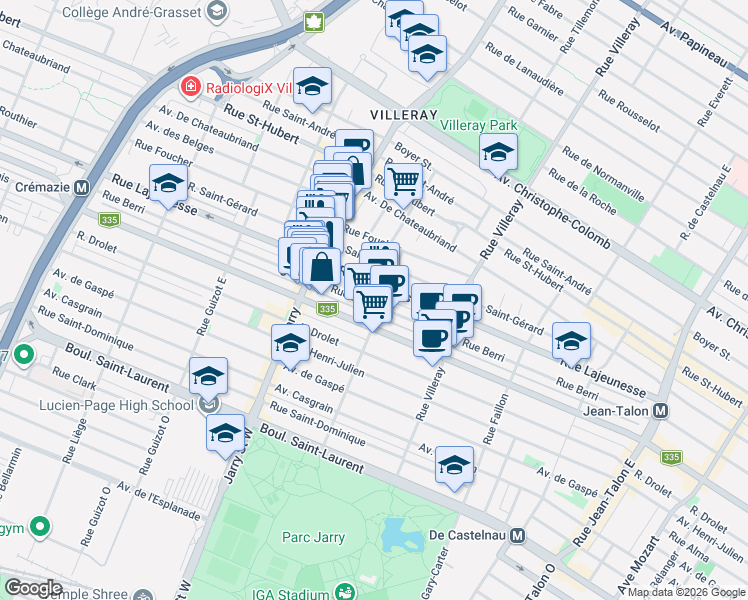map of restaurants, bars, coffee shops, grocery stores, and more near 7921 Rue Berri in Montréal