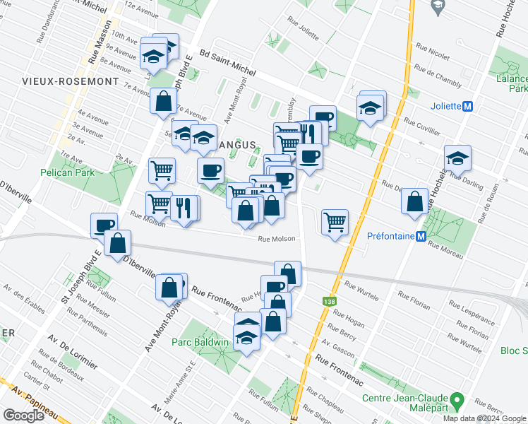map of restaurants, bars, coffee shops, grocery stores, and more near 2600 Rue William-Tremblay in Montréal