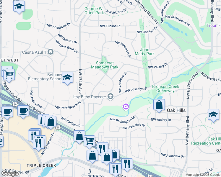 map of restaurants, bars, coffee shops, grocery stores, and more near 3273 Northwest Ashland Drive in Beaverton