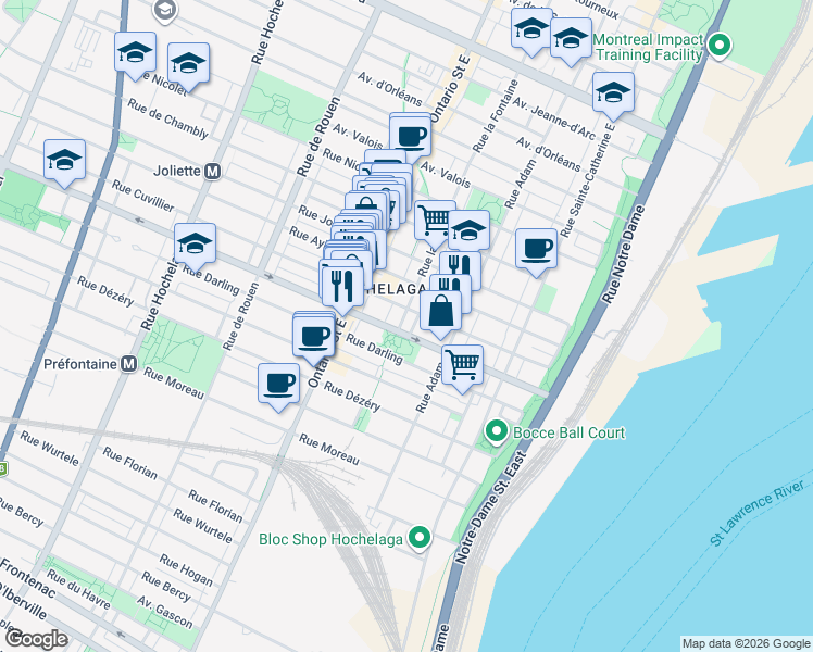 map of restaurants, bars, coffee shops, grocery stores, and more near 3420 Rue la Fontaine in Montréal