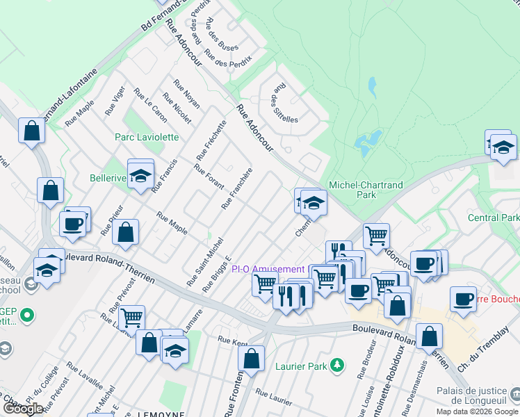 map of restaurants, bars, coffee shops, grocery stores, and more near 989 Rue Briggs Est in Longueuil