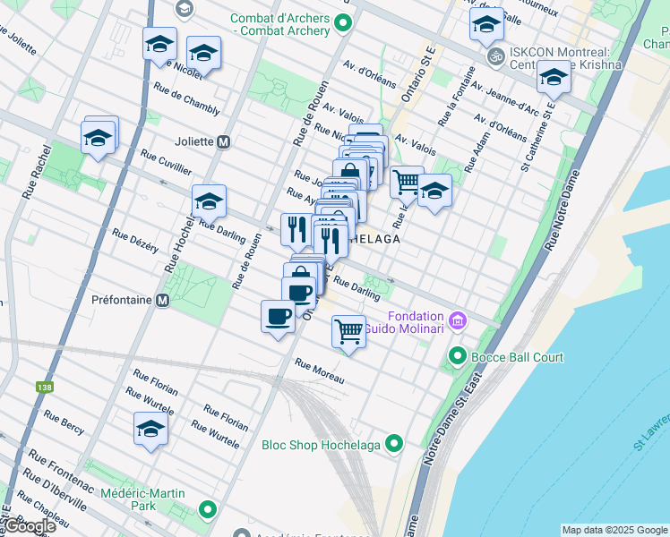 map of restaurants, bars, coffee shops, grocery stores, and more near in Montreal