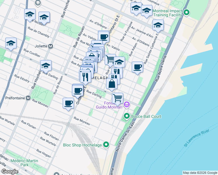map of restaurants, bars, coffee shops, grocery stores, and more near 1658 Rue Cuvillier in Montréal