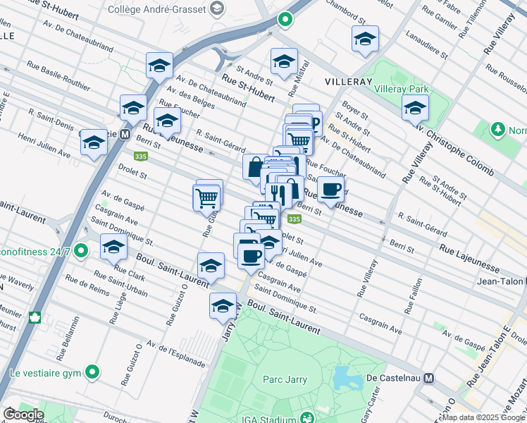 map of restaurants, bars, coffee shops, grocery stores, and more near 8132 Rue Saint-Denis in Montréal