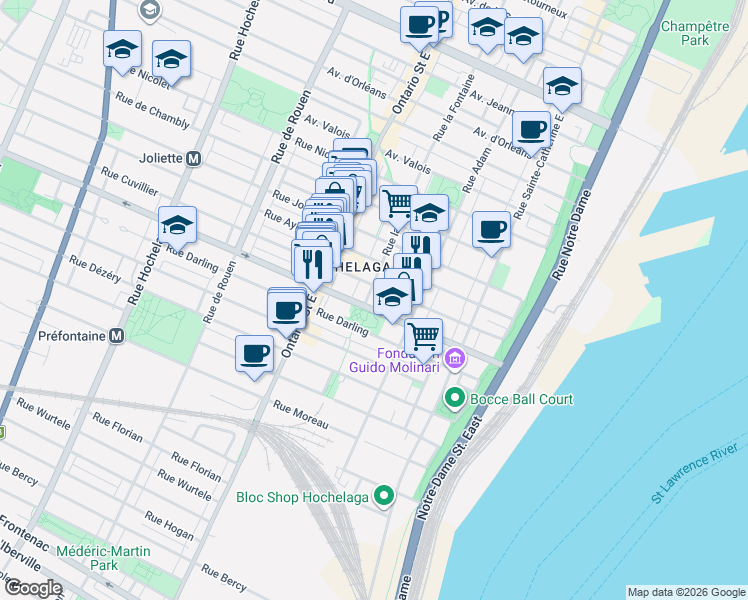 map of restaurants, bars, coffee shops, grocery stores, and more near 3420 Rue la Fontaine in Montréal