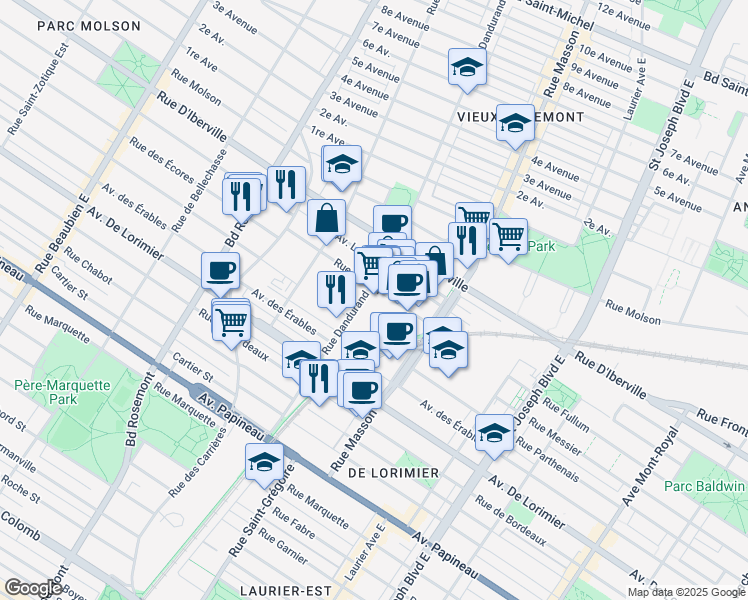 map of restaurants, bars, coffee shops, grocery stores, and more near in Montreal