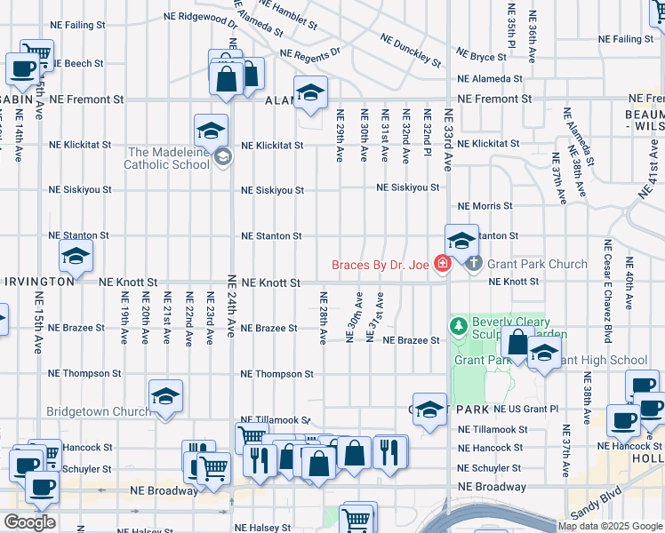 map of restaurants, bars, coffee shops, grocery stores, and more near 2814 Northeast 28th Avenue in Portland