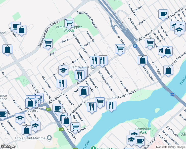 map of restaurants, bars, coffee shops, grocery stores, and more near 3020 Boulevard Cartier Ouest in Laval