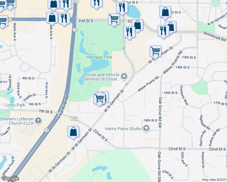 map of restaurants, bars, coffee shops, grocery stores, and more near 3365 West Saint Germain Street in St. Cloud