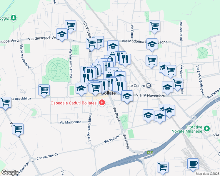 map of restaurants, bars, coffee shops, grocery stores, and more near 22 Piazza Generale Carlo Alberto dalla Chiesa in Bollate