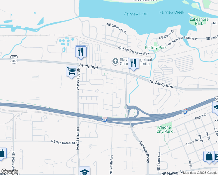 map of restaurants, bars, coffee shops, grocery stores, and more near 20454 Northeast Sandy Boulevard in Fairview