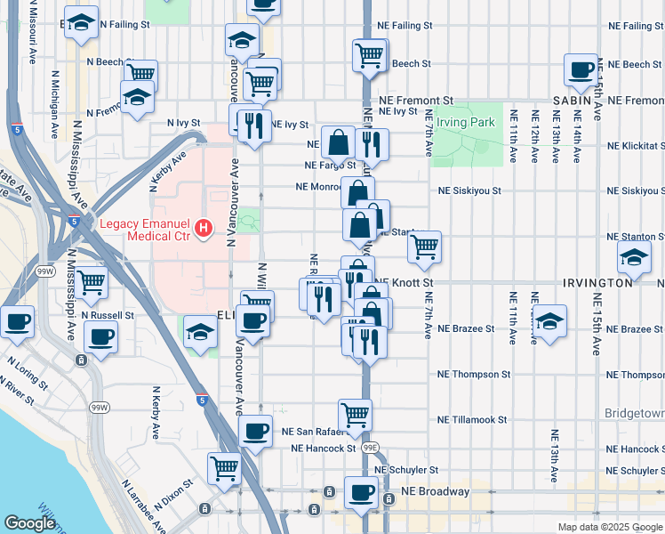 map of restaurants, bars, coffee shops, grocery stores, and more near 202 Northeast Graham Street in Portland