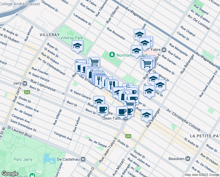 map of restaurants, bars, coffee shops, grocery stores, and more near 7369 Rue Saint-André in Montréal