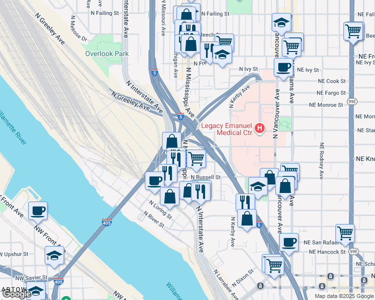 map of restaurants, bars, coffee shops, grocery stores, and more near 845 North Graham Street in Portland