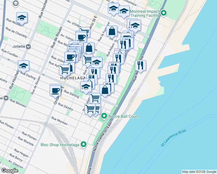 map of restaurants, bars, coffee shops, grocery stores, and more near 1407 Rue Aylwin in Montréal