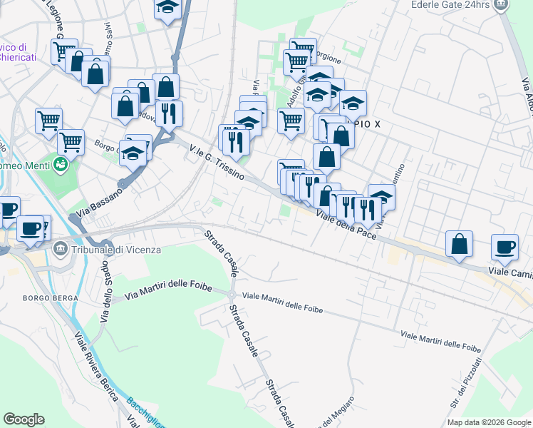 map of restaurants, bars, coffee shops, grocery stores, and more near 13 Via Dian del Fabbro in Vicenza