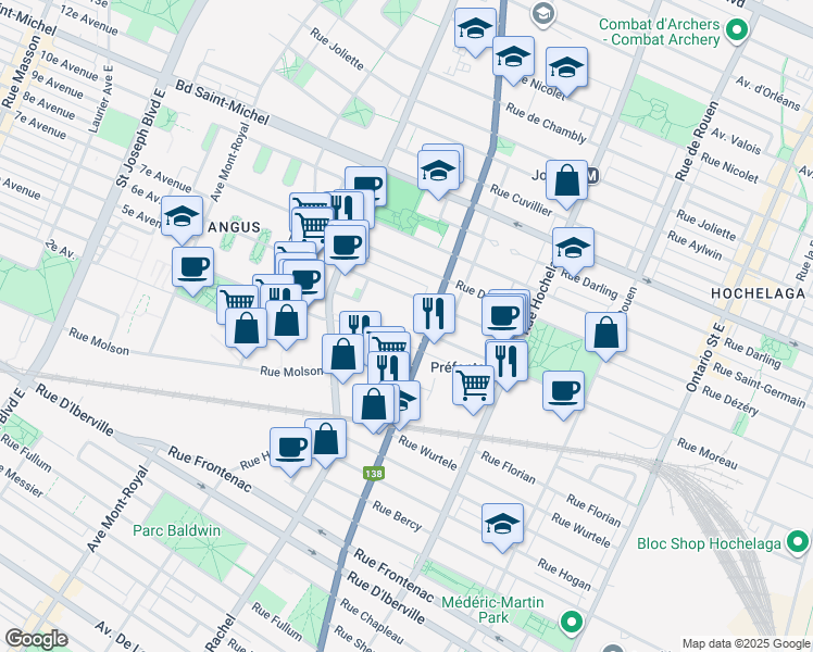 map of restaurants, bars, coffee shops, grocery stores, and more near 3095 Rue Sherbrooke Est in Montréal
