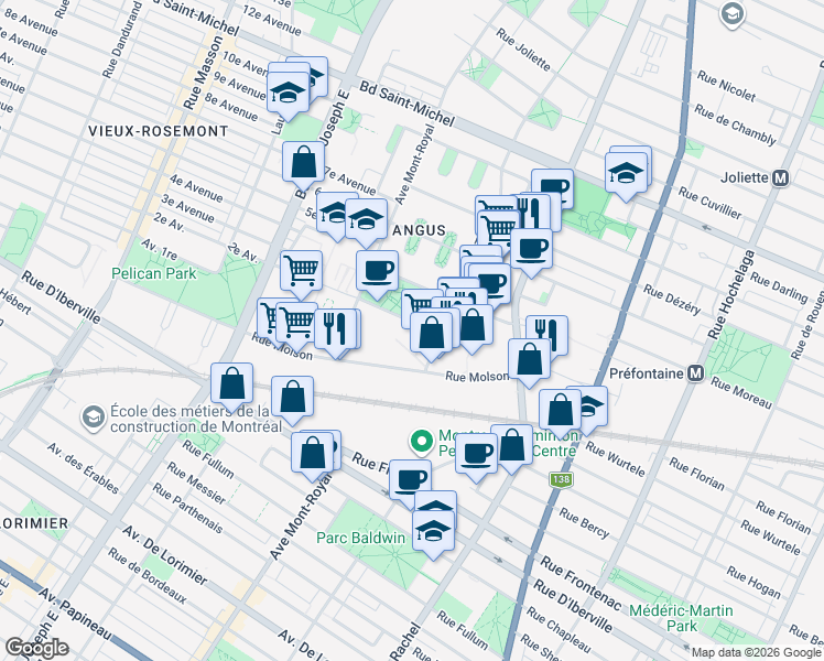 map of restaurants, bars, coffee shops, grocery stores, and more near 4240 Rue Augustin Frigon in Montréal
