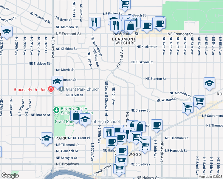 map of restaurants, bars, coffee shops, grocery stores, and more near 2825 Northeast 40th Avenue in Portland