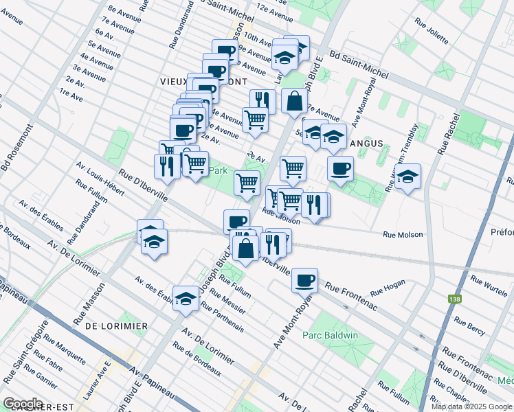map of restaurants, bars, coffee shops, grocery stores, and more near 2580 Boulevard Saint-Joseph Est in Montreal