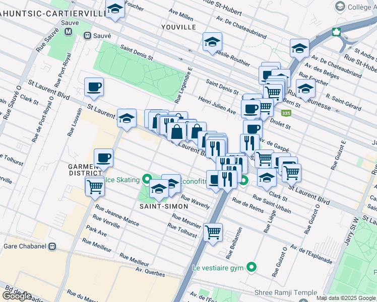 map of restaurants, bars, coffee shops, grocery stores, and more near 8950 Saint Laurent Boulevard in Montreal