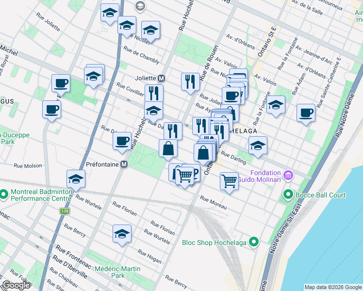 map of restaurants, bars, coffee shops, grocery stores, and more near 2171 Rue Saint-Germain in Montréal