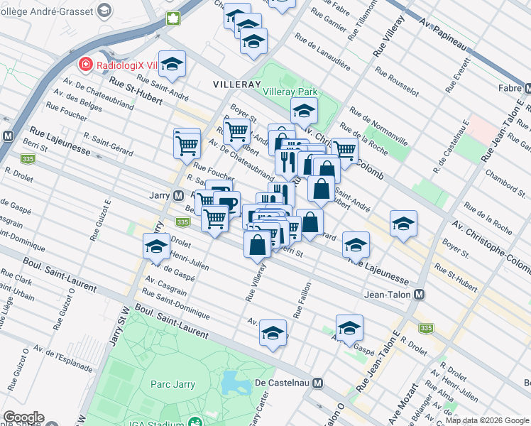 map of restaurants, bars, coffee shops, grocery stores, and more near 7732 Rue Saint Gérard in Montréal