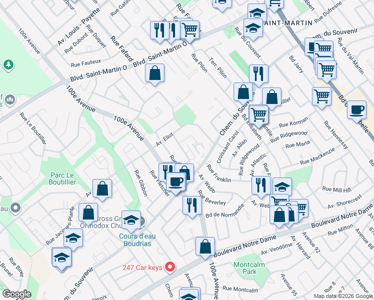 map of restaurants, bars, coffee shops, grocery stores, and more near 1303 Rue Jasmin in Laval