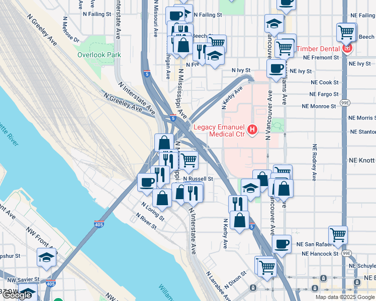 map of restaurants, bars, coffee shops, grocery stores, and more near 810 North Graham Street in Portland