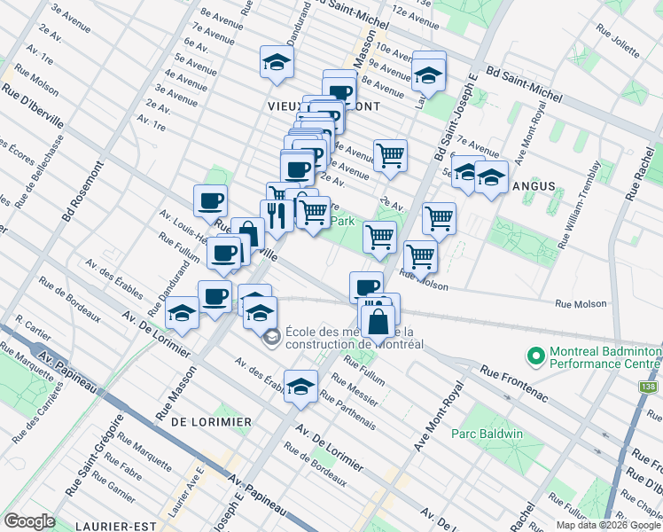 map of restaurants, bars, coffee shops, grocery stores, and more near 2542 Place Pierre-Falardeau in Montréal