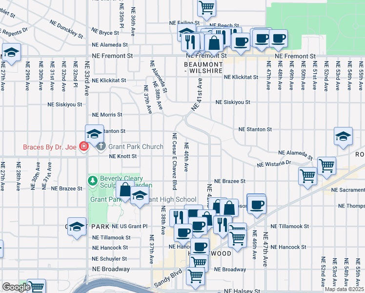 map of restaurants, bars, coffee shops, grocery stores, and more near 2825 Northeast 40th Avenue in Portland