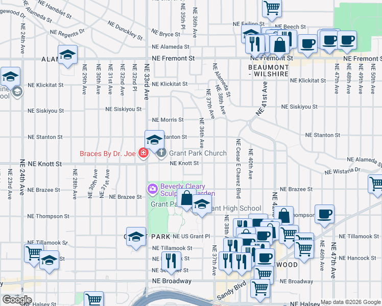 map of restaurants, bars, coffee shops, grocery stores, and more near 3581 Northeast Mathison Place in Portland