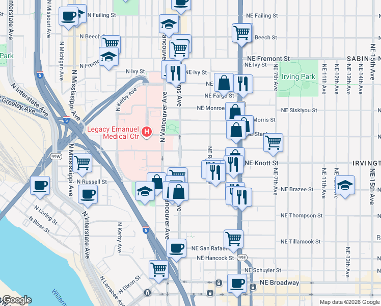map of restaurants, bars, coffee shops, grocery stores, and more near 43 Northeast Graham Street in Portland