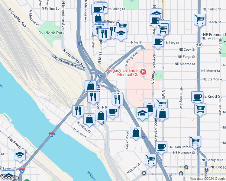 map of restaurants, bars, coffee shops, grocery stores, and more near 810 North Graham Street in Portland