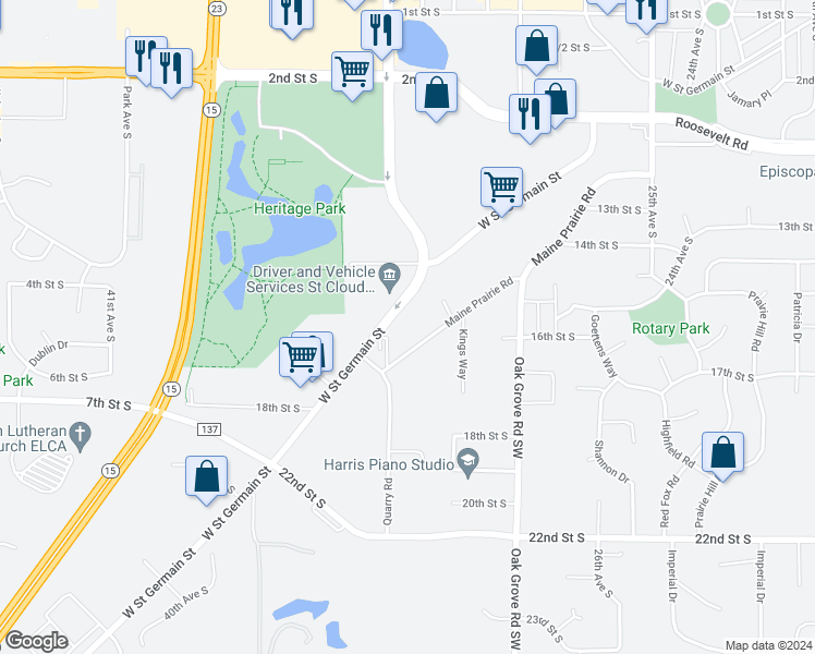 map of restaurants, bars, coffee shops, grocery stores, and more near 3082 West Saint Germain Street in St. Cloud