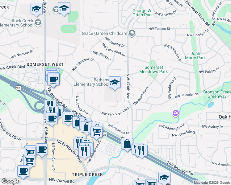 map of restaurants, bars, coffee shops, grocery stores, and more near 3305 Northwest 174th Avenue in Beaverton