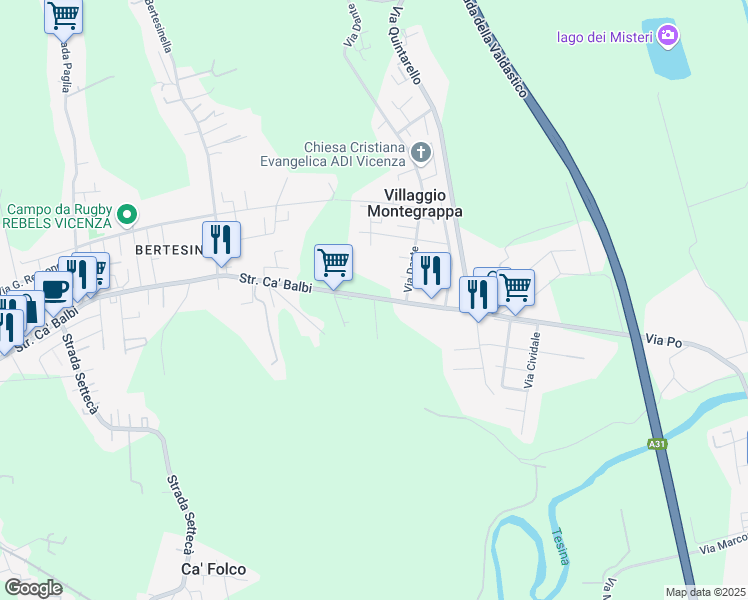 map of restaurants, bars, coffee shops, grocery stores, and more near 93 Via Po in Provincia di Vicenza