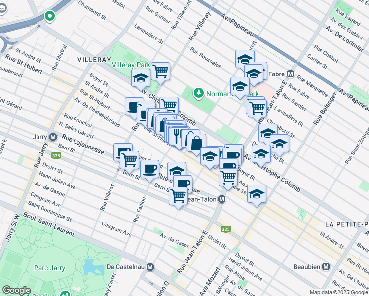 map of restaurants, bars, coffee shops, grocery stores, and more near 7426 Rue Saint-André in Montréal