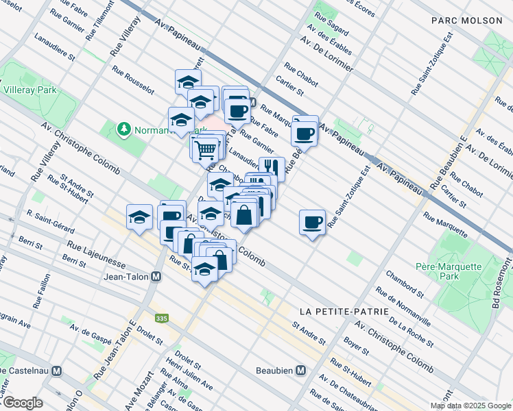 map of restaurants, bars, coffee shops, grocery stores, and more near in Montreal